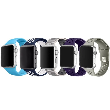 Set 5 Curele iUni compatibile cu Apple Watch 1/2/3/4/5/6/7, 42mm, Mov, Gri, Bleumarin/Alb, Gri/Alb,